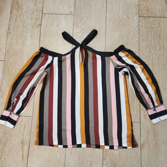 LOFT Off The Shoulder Long Sleeve Blouse Top Striped Halter Neck - Picture 4 of 12